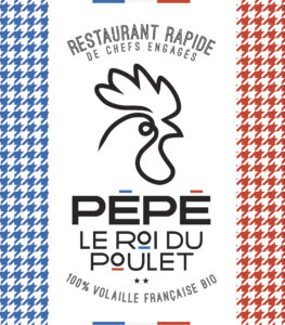 Logo restaurant rapide de chefs engagés 100 % volaille française bio noir fond blanc avec bandeau pied de poule bleu a gauche rouge a droite.
