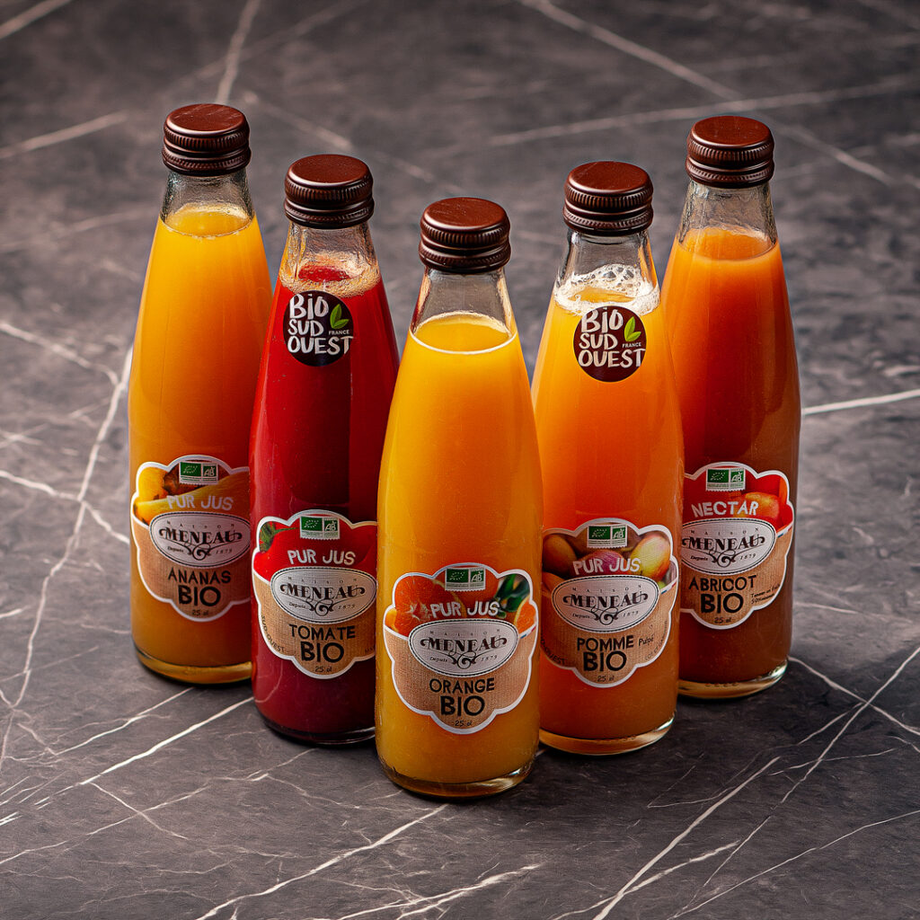 5 bouteilles de jus de fruits bio