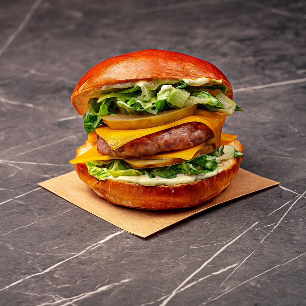 Un pain garni d'un steak haché de volaille, deux tranches de cornichons, deux tranches de cheddar, de la salade et de la sauce