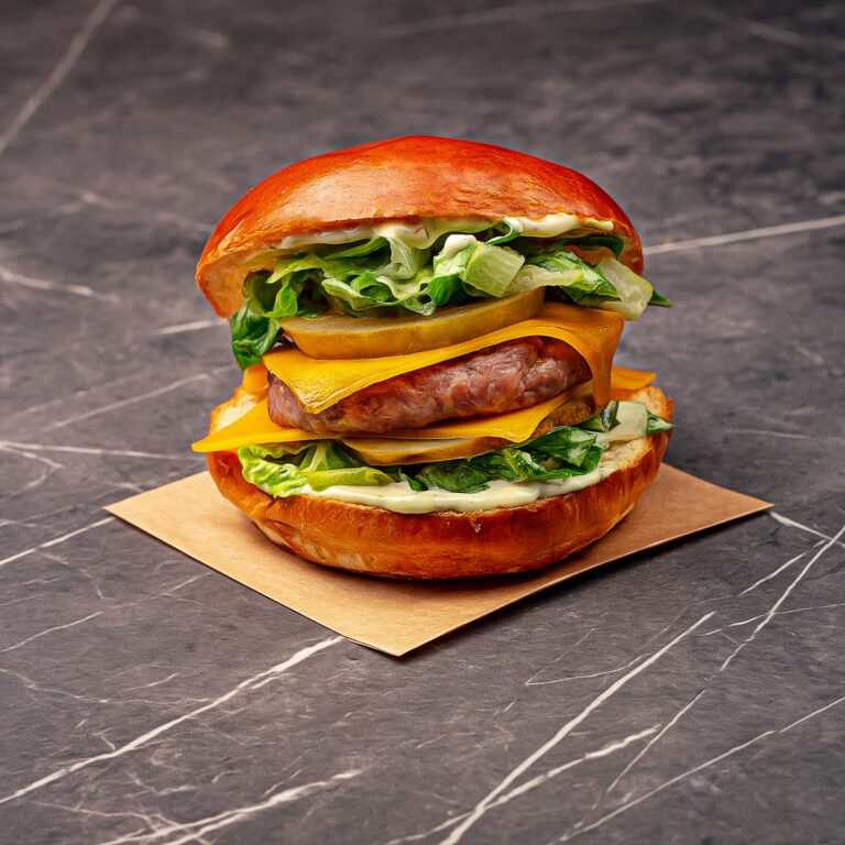 Un pain garni d'un steak haché de volaille, deux tranches de cornichons, deux tranches de cheddar, de la salade et de la sauce