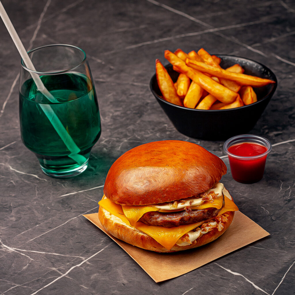 Menu composé d'un pain garni Pépé étudiant, d'une portion de frites maison, d'une sauce et d'une boisson de sirop à l'eau