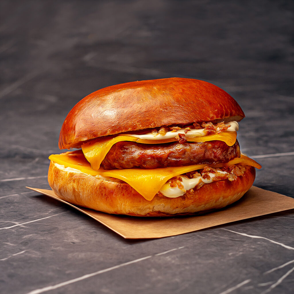 Pain garni Pépé étudiant, rond légèrement brioché, garni d’un steak haché de volaille bio et française, deux tranches de cheddar, parsemé d’oignons frits et le tout nappé d’une sauce mayonnaise.