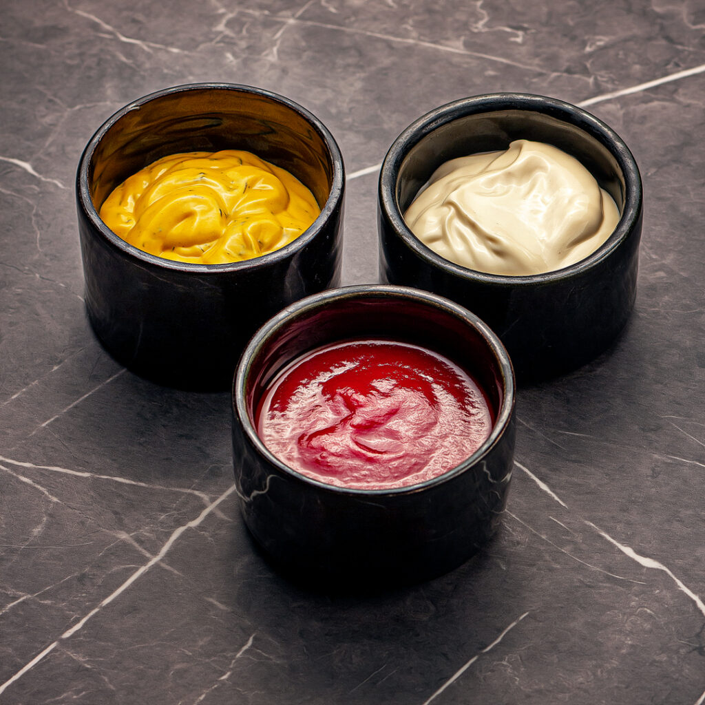 3 pots de sauces, une sauce tomaté aigre-douce, une mayonnaise, une curry